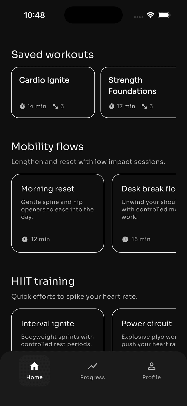 Comodo app workout screen